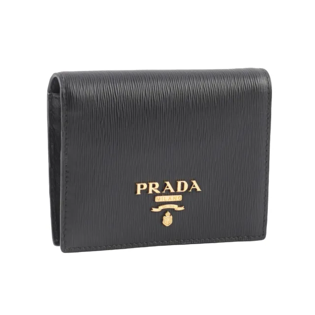 【PRADA 普拉達】浮雕Logo 水波紋皮革二折零錢袋短夾(黑色)