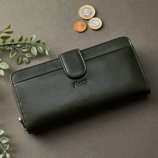 【FOCUS】經典原皮多功能壓扣女長夾拉鍊包/真皮包包 長夾(藍/綠2色任選F3475)