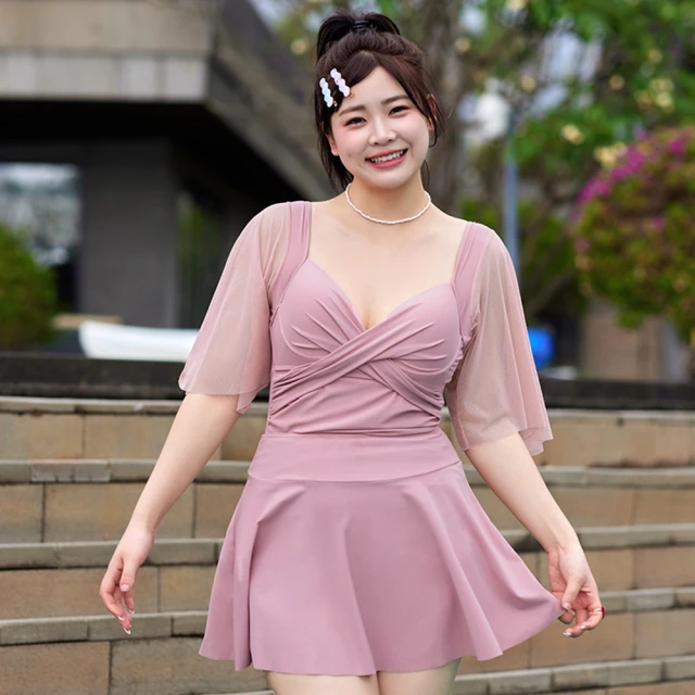 【TING BRA 婷姐內衣】女泳裝 連身款 大尺碼 透紗短袖皺褶鋼圈款裙裝兩件式連身泳衣(共2色 XL-5XL)