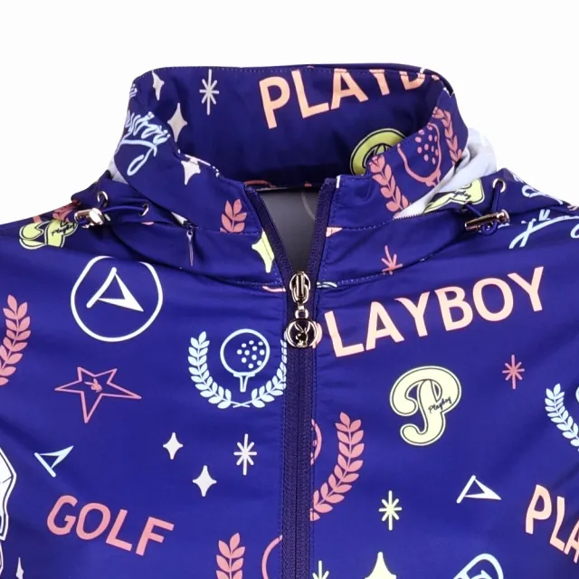 【PLAYBOY GOLF】女款可收納連帽彩色塗鴉外套-藍(防風透氣/防潑水/高爾夫/KC24103-56)