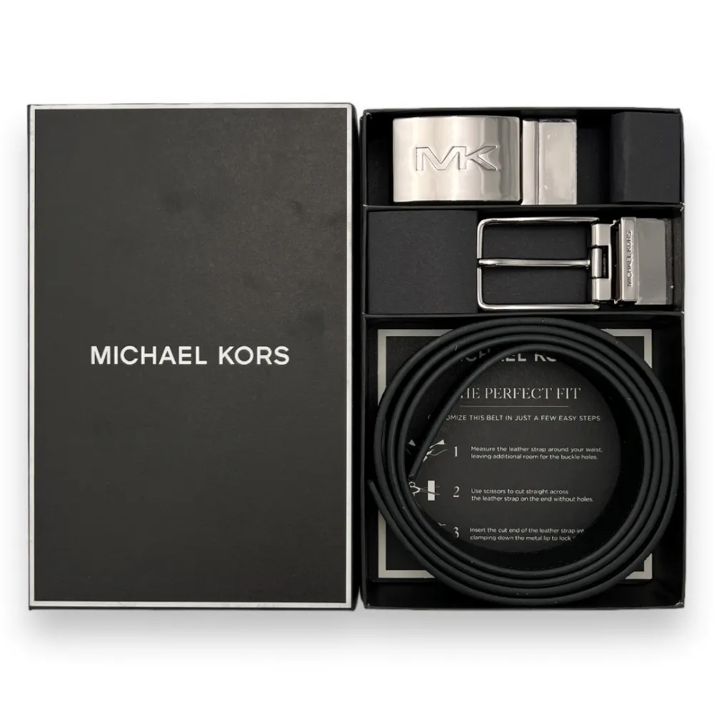 【Michael Kors】專櫃禮盒版 MK 男生 皮帶 黑灰滿版x素面黑色 雙扣頭禮盒 腰帶 方牌/針扣雙頭(36H3LBLY4B)