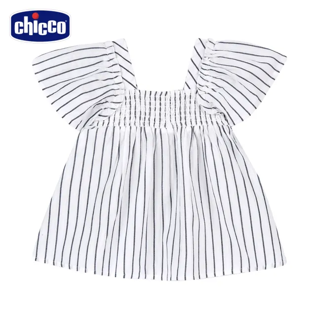 【Chicco】24SS童裝-墨藍花園-直條荷葉袖娃娃裝上衣