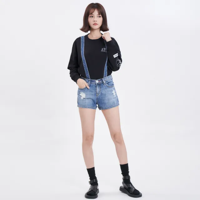 【5th STREET】雙11 女裝 吊帶短褲 吊帶褲 牛仔吊帶褲 中藍(927015)