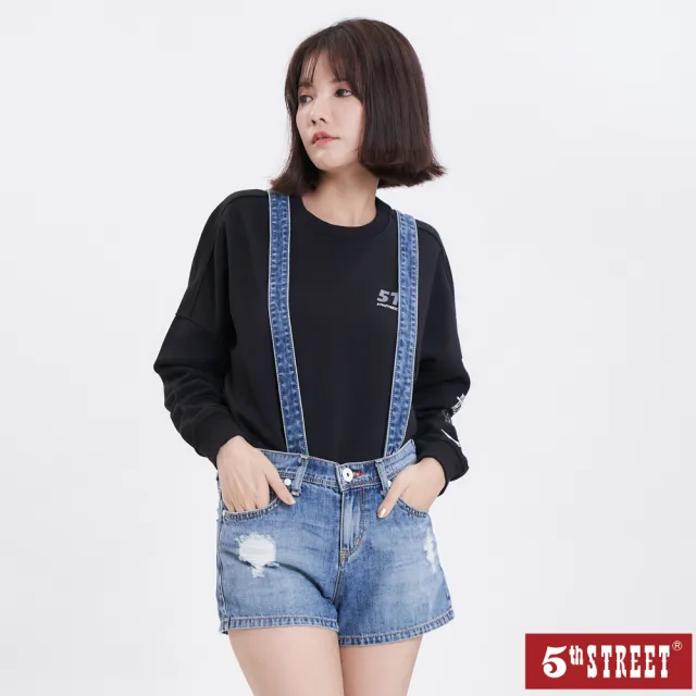 【5th STREET】女裝好比例顯瘦吊帶短褲-中古藍