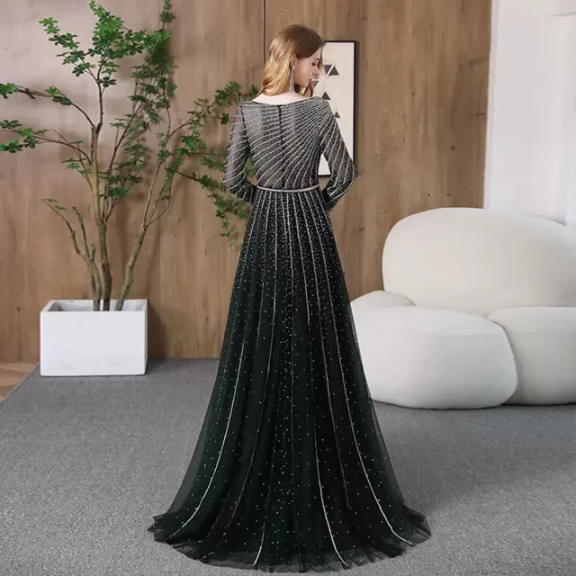 【女神婚紗禮服】輕奢流星透紗圓領長袖宴會A字裙晚禮服PLGZ-2410黑綠色(演奏宴會敬酒 拉鍊款高級晚禮服)