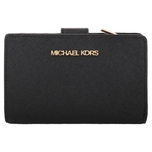 【Michael Kors】金LOGO防刮皮革釦式拉鍊短夾(黑)