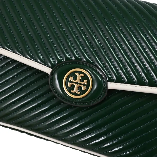 【TORY BURCH】經典雙T LOGO漆皮斜紋翻蓋肩斜學院包淑水包(松綠色)