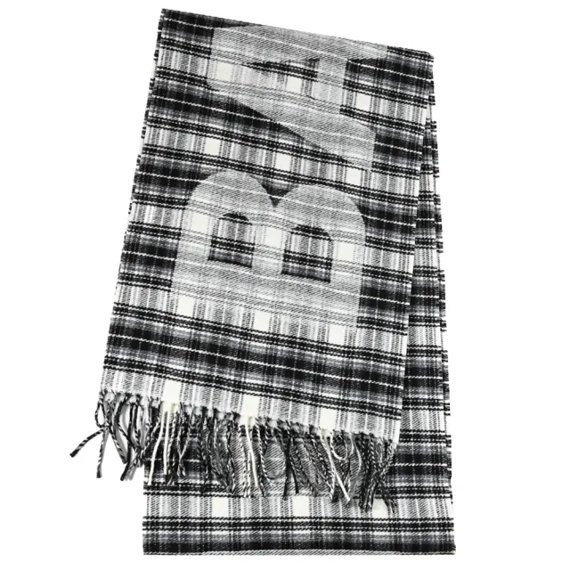 【Balenciaga 巴黎世家】品牌大LOGO格紋雙面純羊毛保暖披肩長圍巾(黑/白)
