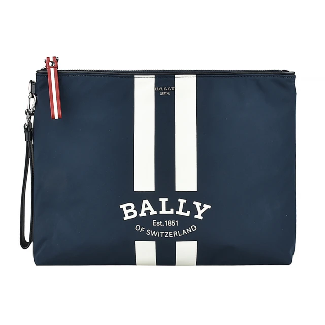 【BALLY】BALLY FHOLLER白字LOGO拉鍊白條紋尼龍男士手拿包(深藍)