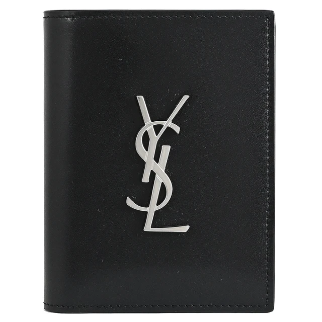 YSL 簡約金屬字母LOGO滑面小牛皮窄版對折4卡短夾(黑/銀)