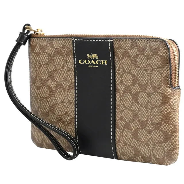 【COACH】復刻新版經典C字LOGO條紋印花手提零錢包手拿包(駝/黑)