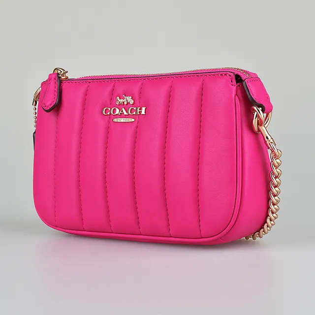 【COACH】COACH NOLITA 19經典LOGO拉鍊絎縫小牛皮肩背腋下晚宴包(桃紅)
