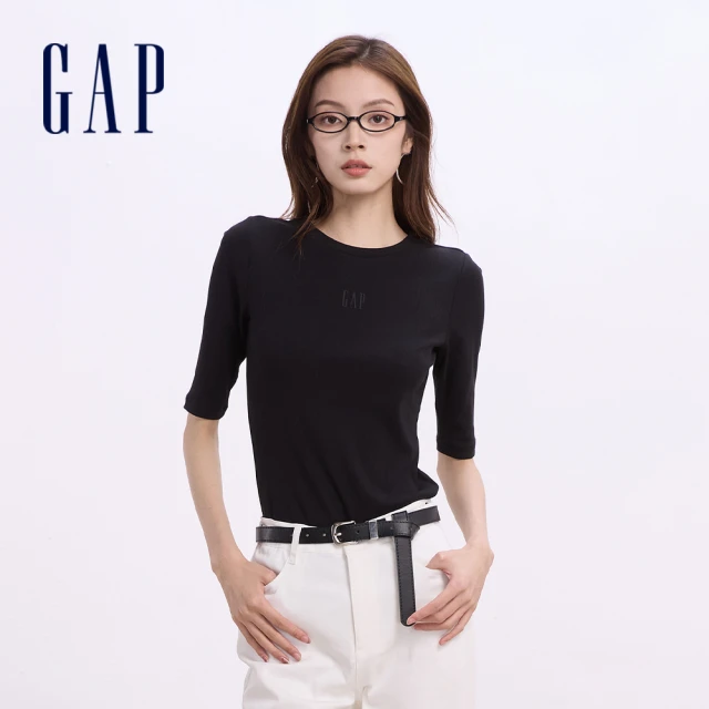 GAP 女裝 Logo圓領五分袖T恤-黑色(613289)