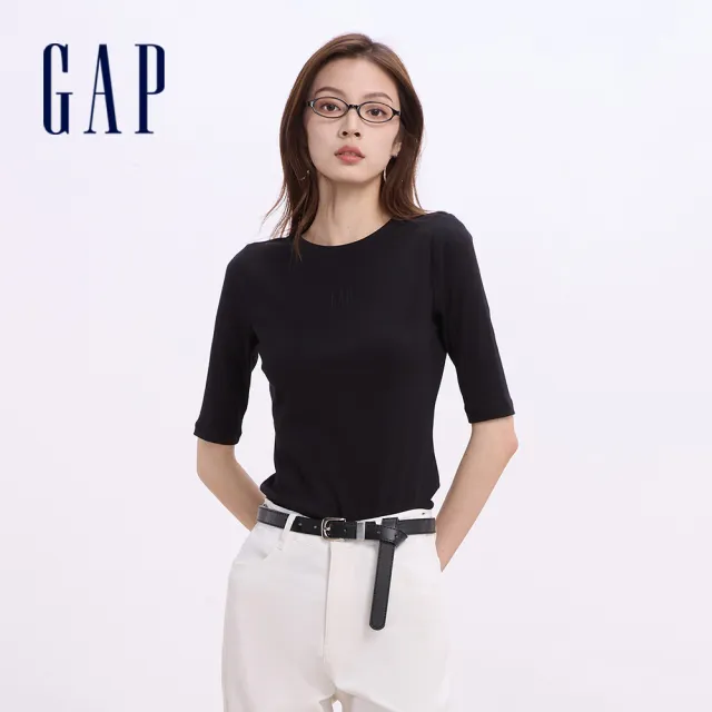 【GAP】女裝 Logo圓領五分袖T恤 女友T系列-黑色(613289)