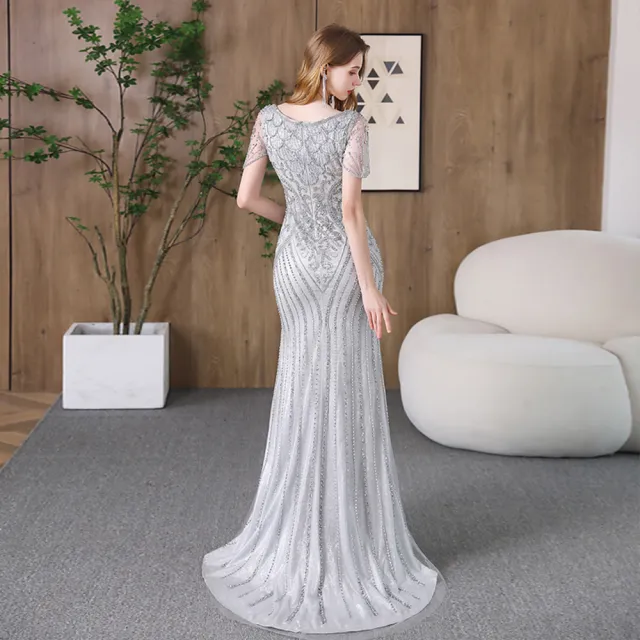 【女神婚紗禮服】優雅奢華設計串珠深V葉片短袖小魚尾晚禮服PLGZ-1322淺灰色(演奏宴會敬酒 拉鍊款晚禮服)