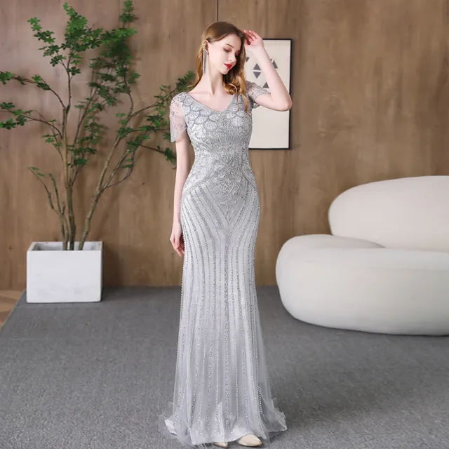 【女神婚紗禮服】優雅奢華設計串珠深V葉片短袖小魚尾晚禮服PLGZ-1322淺灰色(演奏宴會敬酒 拉鍊款晚禮服)