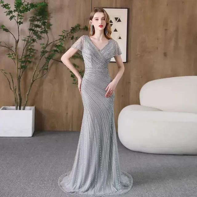 【女神婚紗禮服】輕奢優雅鑽飾亮片透紗落肩無袖V領魚尾晚禮服PLGZ-0229香檳金(派對宴會敬酒 拉鍊款晚禮服)