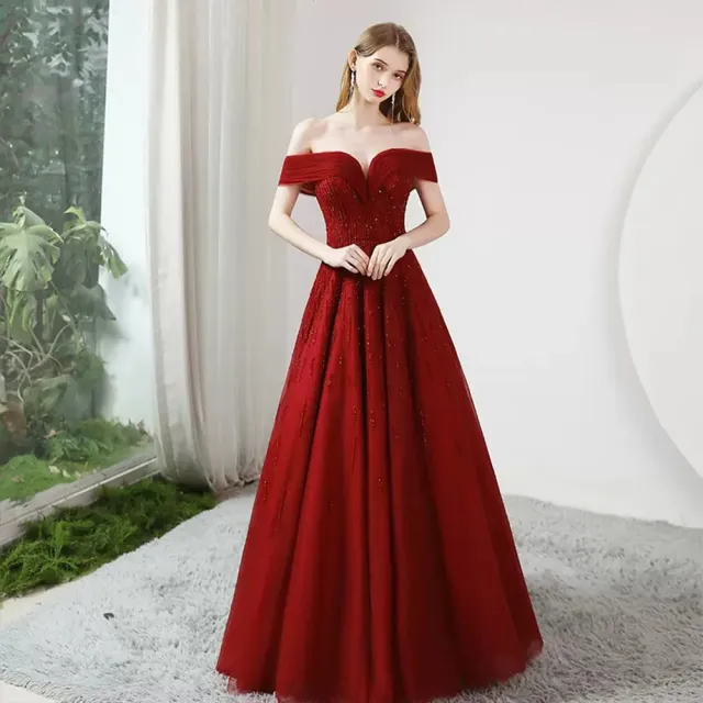【女神婚紗禮服】亮麗優雅輕奢一字肩喜慶宴會A字裙晚禮服PLGZ-2401酒紅色(派對宴會敬酒 綁帶晚禮服)