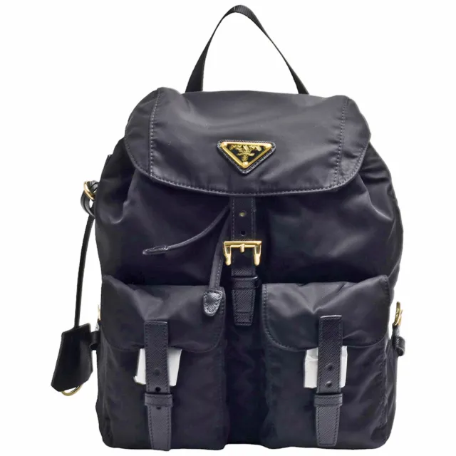 【PRADA 普拉達】經典Saffiano金色三角LOGO雙口袋穿釦束口尼龍後背包(entrupy安心購)