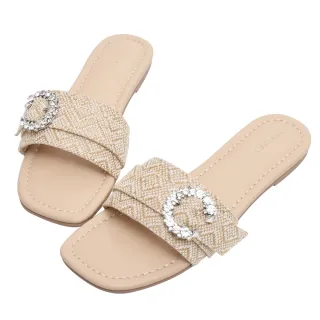 【Ann’S】ANNSTAR DENISE聯名-女神度假風鑽石扣一字平底涼拖鞋1.5cm(杏)