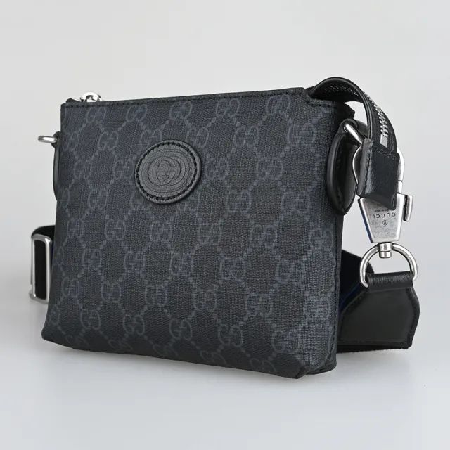 【GUCCI 古馳】INTERLOCKING經典雙G皮標LOGO印花塗層帆布手拿斜背包(迷你/黑)