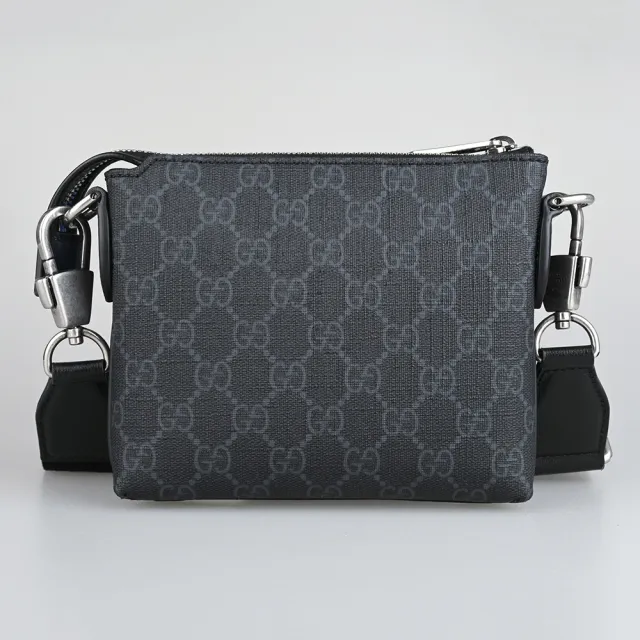 【GUCCI 古馳】INTERLOCKING經典雙G皮標LOGO印花塗層帆布手拿斜背包(迷你/黑)