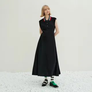 【OUWEY 歐薇】開半襟羅紋POLO領無袖洋裝(黑色；XS-M；3242397033)