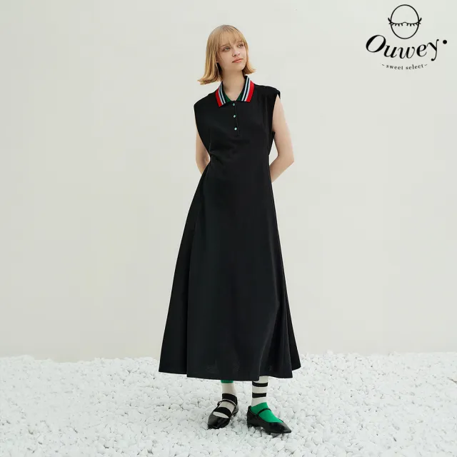 【OUWEY 歐薇】開半襟羅紋POLO領無袖洋裝(黑色;XS-M;3242397033)