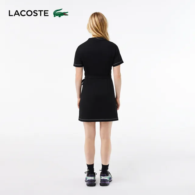 【LACOSTE】女裝-撞色車邊大輪廓平紋針織短袖洋裝(黑色)