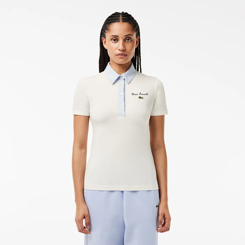 【LACOSTE】女裝-修身彈性撞色領短袖Polo衫(白色)