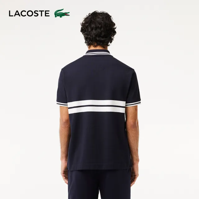 【LACOSTE】男裝-原創L.12.12徽章條紋短袖Polo衫(深藍色)