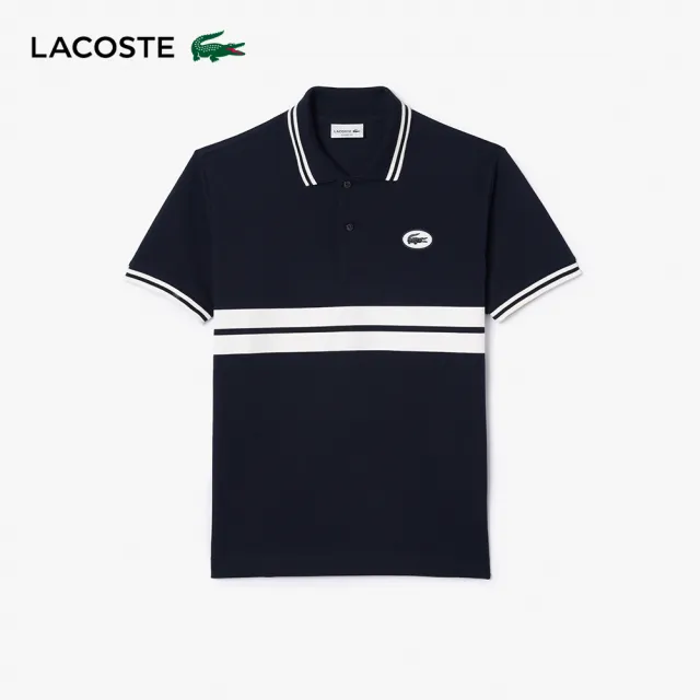 【LACOSTE】男裝-原創L.12.12徽章條紋短袖Polo衫(深藍色)