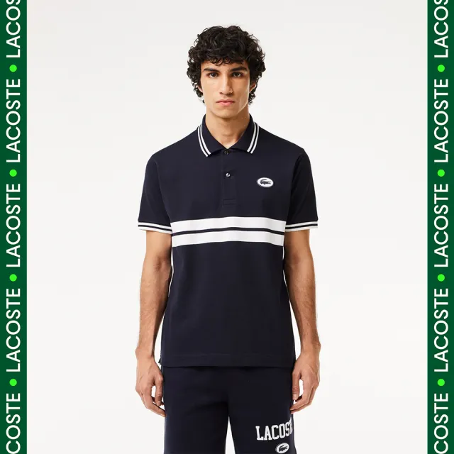 【LACOSTE】男裝-原創L.12.12徽章條紋短袖Polo衫(深藍色)