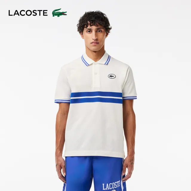 【LACOSTE】男裝-原創L.12.12徽章條紋短袖Polo衫(白色)