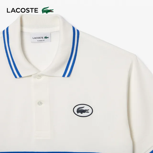 【LACOSTE】男裝-原創L.12.12徽章條紋短袖Polo衫(白色)