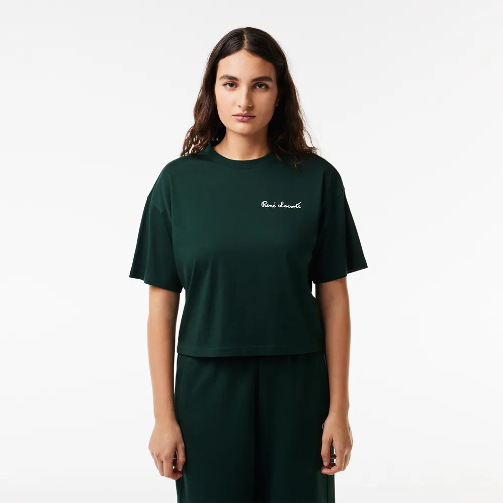 【LACOSTE】女裝-寬版文字印花短袖T恤(深綠色)