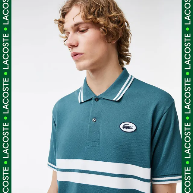 【LACOSTE】男裝-原創L.12.12徽章條紋短袖Polo衫(藍綠色)