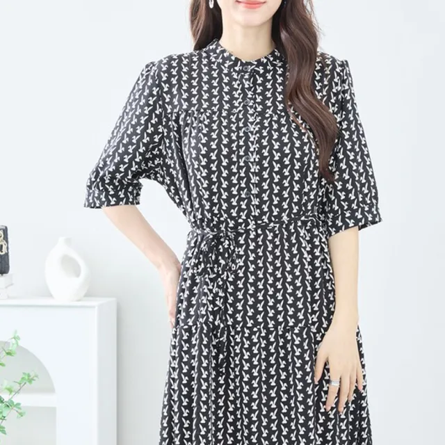 小立領綁帶兔兔連身洋裝(共2色)