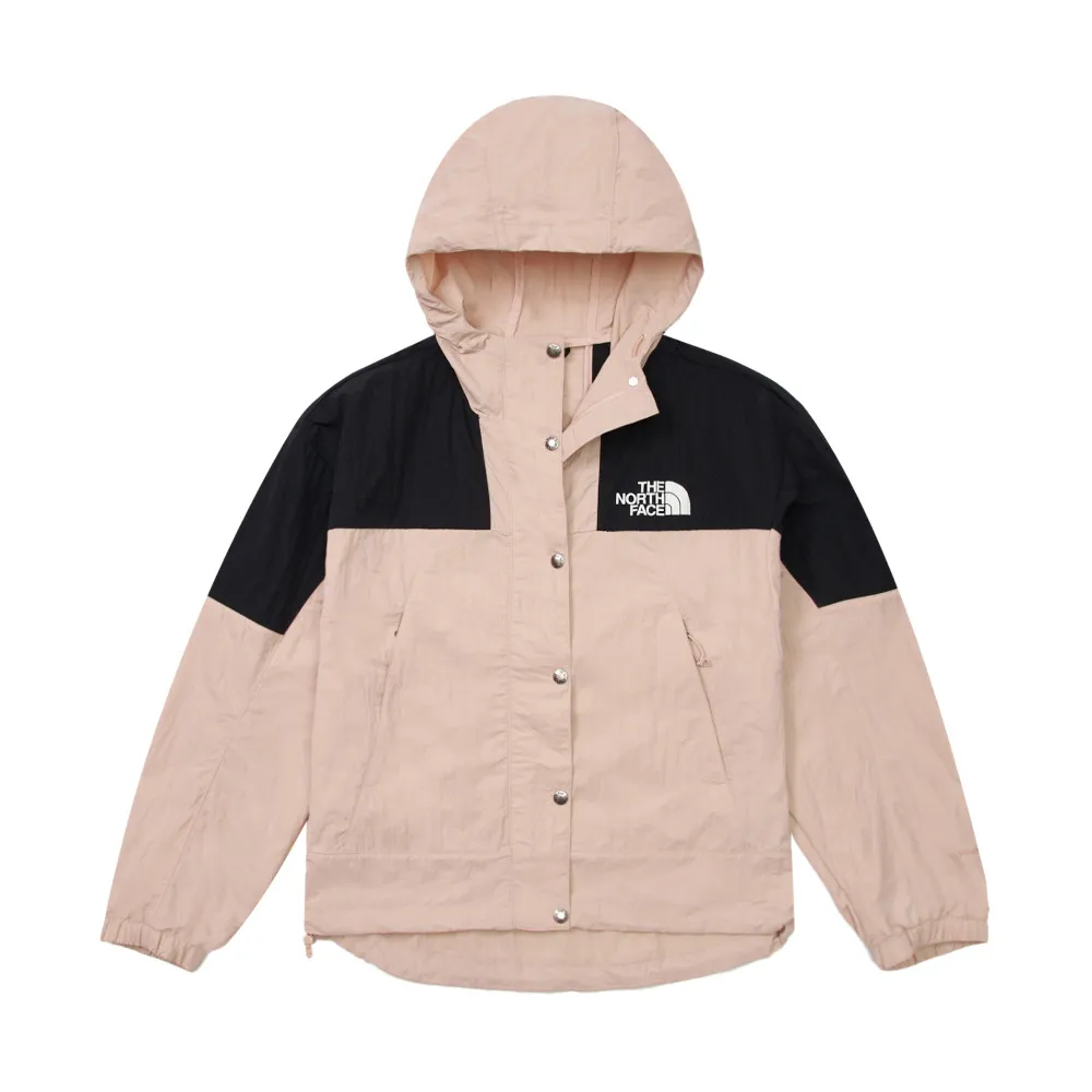 【The North Face 官方旗艦】北面女款粉黑拚接DWR防潑水下擺抽繩連帽外套｜81RXHZI