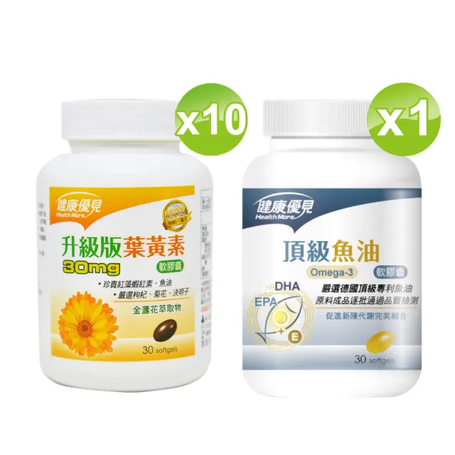 【健康優見】高單位葉黃素軟膠囊x10瓶(30粒/瓶)+送頂級Omega-3魚油軟膠囊x1瓶(30粒/瓶)-永信監製