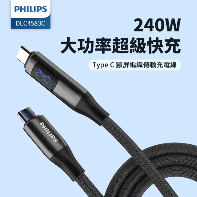 【Philips 飛利浦】2入組-TypeC to TypeC 240W 大功率PD數位顯示編織快充線200cm(DLC4583C)