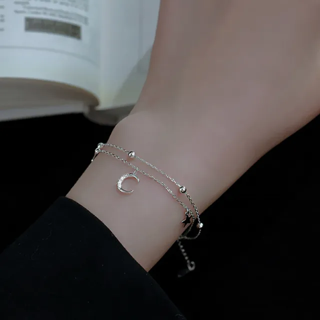 【MoonDy】包包 S925純銀 全純銀項鍊 雙層甜美星月手鏈 女森系清新鑲鑽 氣質手飾 閨蜜禮物