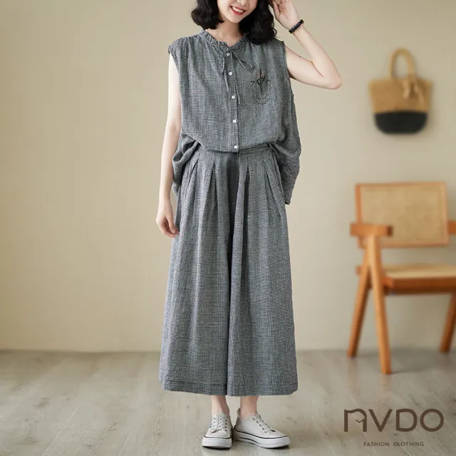 【NVDO】出清品   日系童趣小格紋寬鬆無袖上衣+闊腿褲套裝(透氣寬褲+上衣/F131/售完不補)