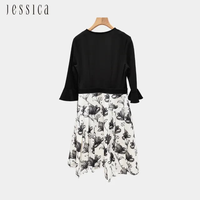 【JESSICA】優雅公主袖收腰拼接印花雪紡洋裝242717