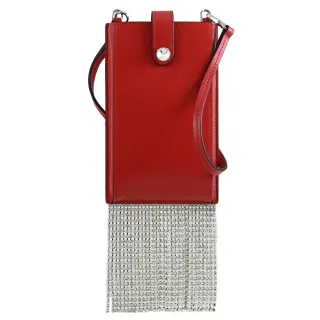 【MIU MIU】簡約LOGO水鑽流蘇裝飾小牛皮手機包斜背包(紅)