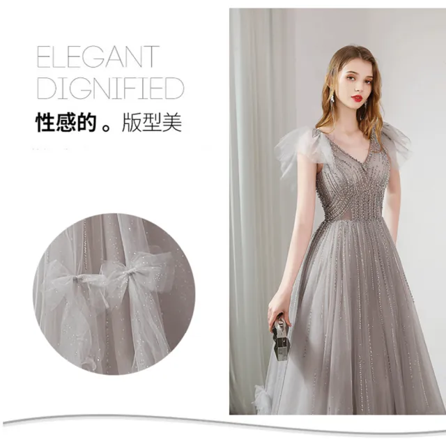 【女神婚紗禮服】優雅夢幻甜美飛袖深V美背墜地紗裙晚禮服PLGZ-2402深灰色(派對宴會敬酒 拉鍊款晚禮服)