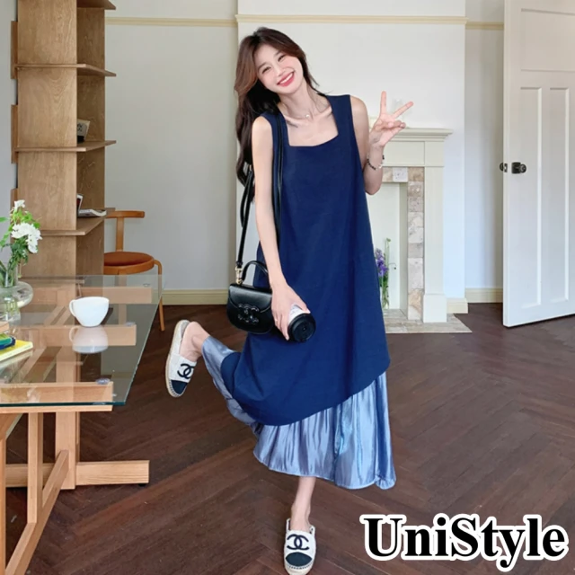 UniStyle 2件套盤扣緹花小背心褶皺長袖洋裝 女 ZM