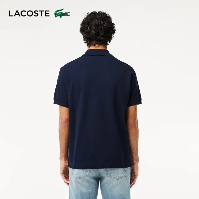 【LACOSTE】男裝-Original L.12.12植絨文字網眼布短袖Polo衫(海軍藍)