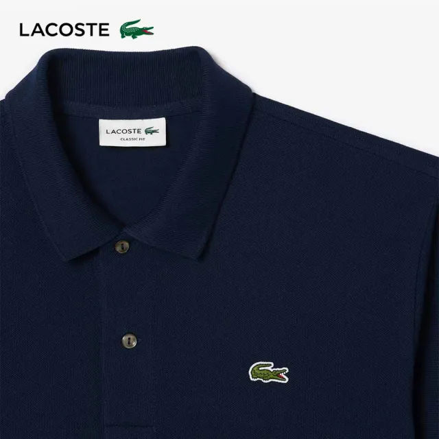 【LACOSTE】男裝-Original L.12.12植絨文字網眼布短袖Polo衫(海軍藍)