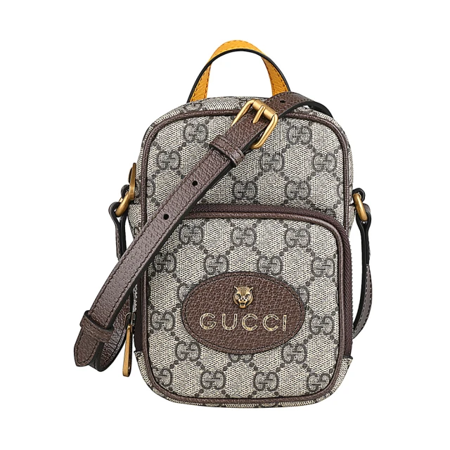 GUCCI 古馳 GUCCI NEO VINTAGE燙金LOGO Supreme帆布拉鍊手提斜背包(迷你/米x烏木x黃)